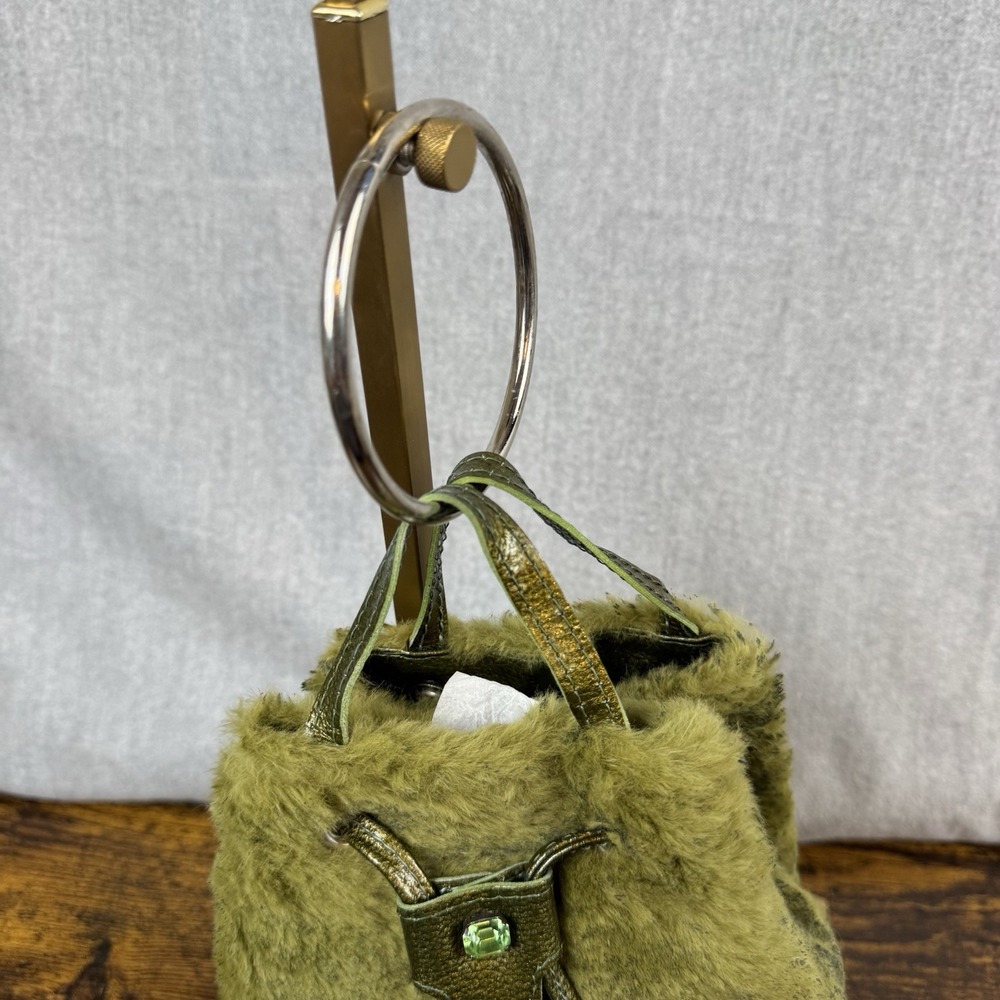 Unique Vintage Sobea leather & Sherpa drawstring mini bag with bracelet strap - Picture 2 of 16